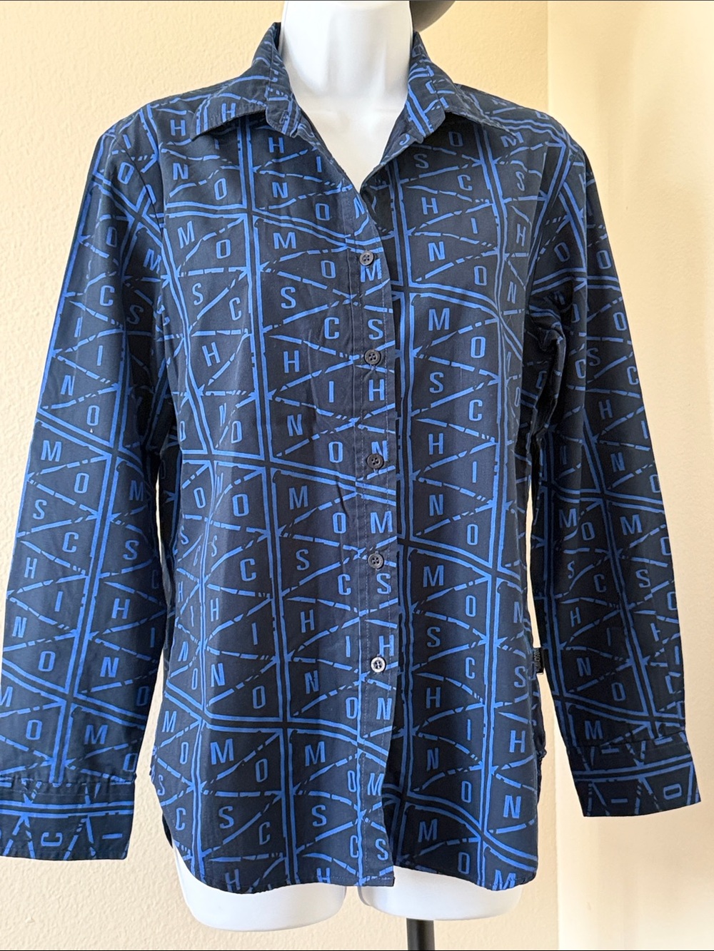 Moschino Jeans Black Shirt with Blue Logo Pattern
